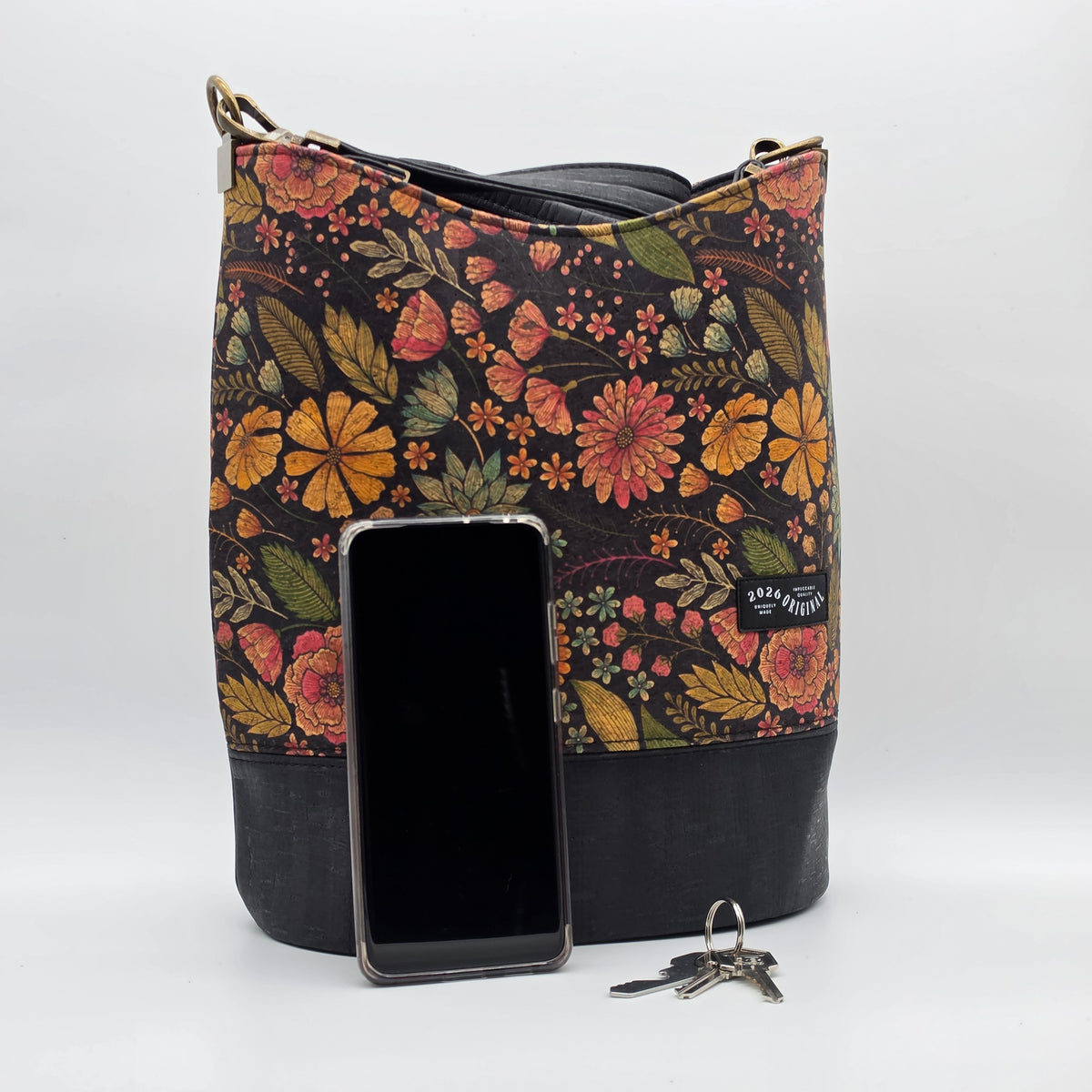 Handcrafted Cork Bucket Bag - Fall Floral