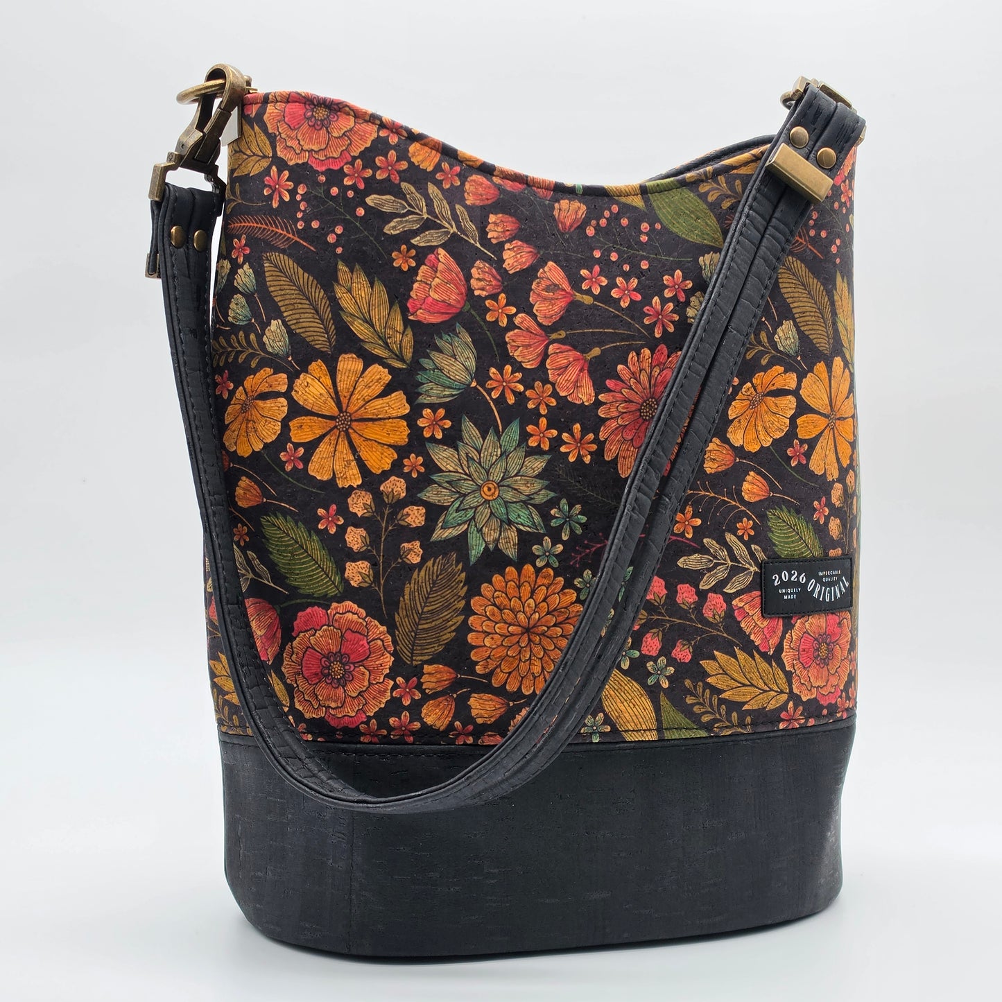 Handcrafted Cork Bucket Bag - Fall Floral